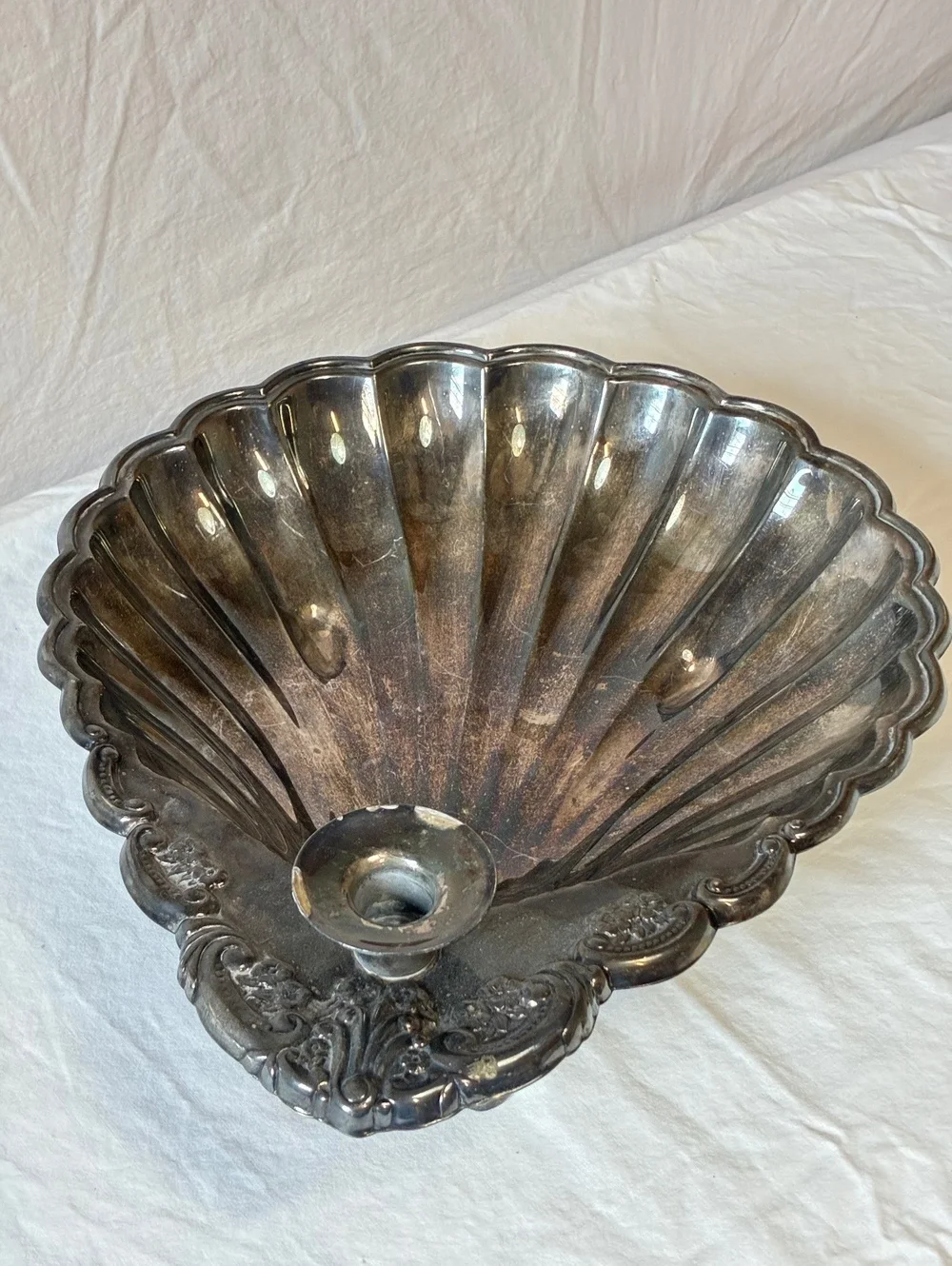 Vintage Silver Shell Shaped Candle Holder with Ornate Detailing 12 inch